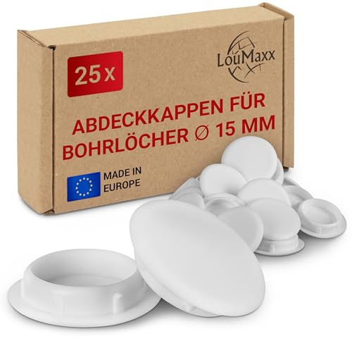 LouMaxx Abdeckkappen für Bohrlöcher Ø15mm - 25er Set Blindstopfen Kunststoff in Weiß – Bohrloch Abdeckkappen Made in Europe – UV-beständige Abdeckstopfen 15mm