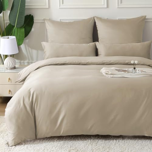 MILDLY Satin Bettwäsche 200x200 Baumwolle,100% Langstapelige Baumwolle Seidig Luxus Bettzeug, ÖkoTex Zertifiziert & für Allergiker Geeignet, 1 Bettbezug 200x200 & 2 Kissenbezug 80x80,Oatmeal