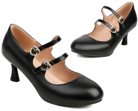 KUHAOFEU Women's Mary Jane Kitten Heel Pumps Round Closed Toe Mid Low Heels Office Work Shoes,Black,6 UK
