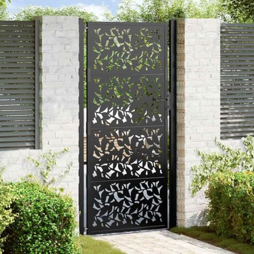 Gecheer Cancello,Singolo,per Recinzione,da Giardino,da Esterno,Cancello Singolo,Cancello da Giardino,Cancello Metallo,Cancello Acciaio,Cancello per Esterno,Nero 105x205 cm in Acciaio Design a Foglia