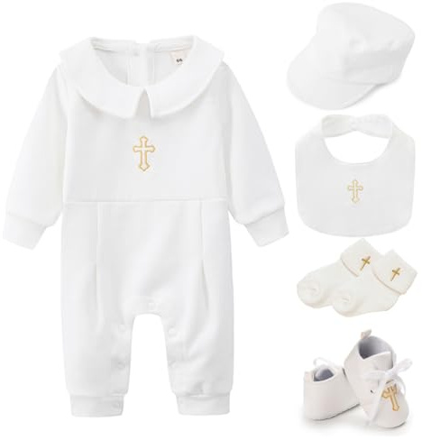 Bemonew Vestito per battesimo per neonato abiti da battesimo per bambini vestito per in morbido cotone con cappello bavaglino calzini scarpe abito bianco per a maniche lunghe 66 cm