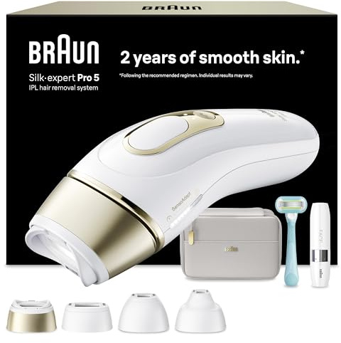 Braun Silk·Expert Pro 5, Epilatore Luce Pulsata Smart, Epilazione Laser Peli Donna a Casa, Riduzione Permanente dei Peli, con 4 Testine, Custodia, Mini Depilatore Viso, Rasoio Gillette Venus, Pl5412