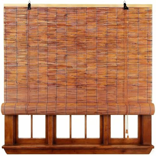 Bamboo Roller Shades for Outdoor Patio, Blackout Roll Up Blinds Cordless Bamboo Blinds for Indoor Windows Waterproof Roman Reed Shades Porch Balcony Outside Privacy Sun Shade(50 W x 72 H)