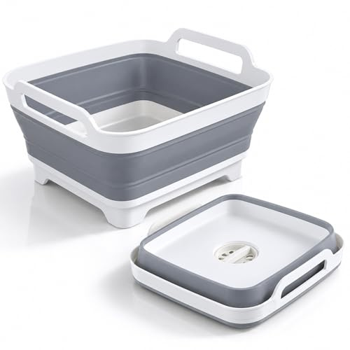 Raoletin Collapsible Washing Up Bowl 9L – Portable Foldable Wash Basin with Drain Plug, Space Saving Silicone Camping Sink for Outdoor Travel, Kitchen, Caravan & Home Use (Grey)