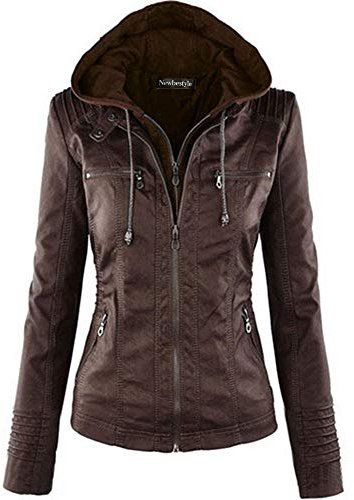 Newbestyle - Giacca da donna con cappuccio in finta pelle trapuntata con zip Marrone scuro 46