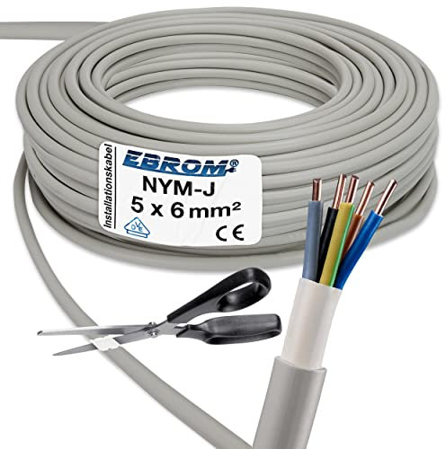 EBROM NYM-J 5 x 6 mm² – Cable de instalación – Cable de instalación – Cable para ambientes húmedos – Gris – Selección en incrementos de 1 metro, corte exacto al metro – Su selección: NYM-J 5 x 6 mm2,