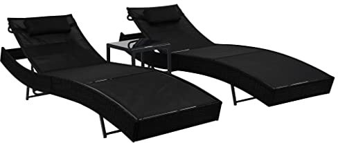 vidaXL 2X Sonnenliege Tisch Poly Rattan Schwarz Gartenliege Liegestuhl Liege