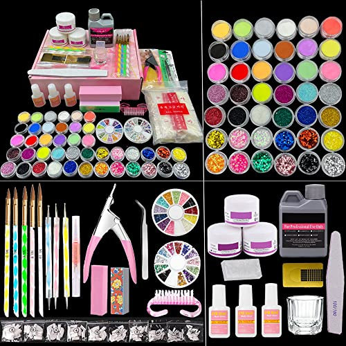 TEEROVA Nail Art Kit, 42 Acrylic Powder Liquid Brush Glitter Clipper Primer File Nail Art Tips Set Kit