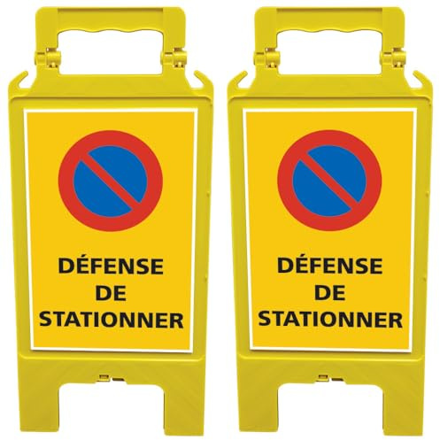 Lot de 2 Chevalets Défense de Stationner 30 x 60 cm. Chevalet de Signalisation Stationnement Interdit. Chevalet Pliable Jaune -