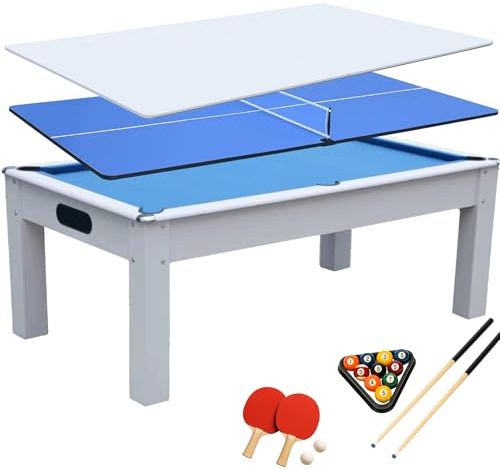 DEVESSPORT Mesa de Billar 3  en 1 Blanca - Billar, Ping Pong y Mesa de Comedor Incluye Todos los Accesorios, Fabricado de MDF, niveladores de Patas y Dimensiones 215x121x78cm