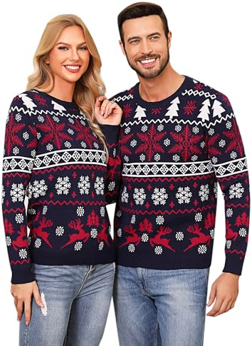 Aseniza Pull Noel Homme Femme Pull Moche de Noël Homme Ugly Christmas Sweater Drôle pour Couple Famille Hiver Chaud à Manches Longues avec Motif Flocon de Neige et Wapiti Bleu Foncé,M