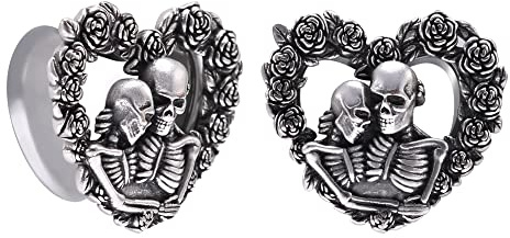 COOEAR Heart Ear Plugs Stainless Steel Tunnels Flared Shape Gauges Skull Stretcher Expander Earrings Size 0g to 1 inch.