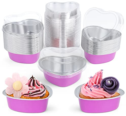 ELECLAND Set di 50 teglie per torte a forma di cuore rosa da 96,4 g in alluminio a forma di cuore, con coperchio, per dessert, cupcake, per San Valentino, matrimonio, Natale, compleanno, festa della