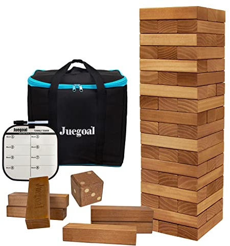 Juegoal 54 Pieces Giant Tumble Tower Blocks Game Giant Wood Stacking Game with 1 Dice Set, Gameboard, Canvas Bag for Adult, Kids, Family, Brown