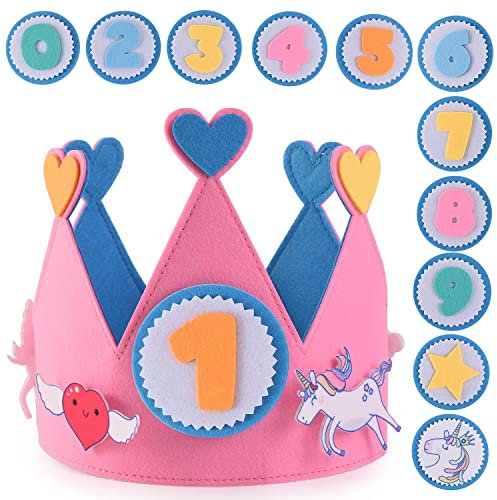 Geburtstagskrone für Kinder, Rosa und Blau, Happy Birthday-Hut mit verstellbarem Klettverschluss,Geburtstagskrone für Mdchen und Jungen,wiederverwendbare Stoffkrone mit austauschbaren Zahlen 0-9