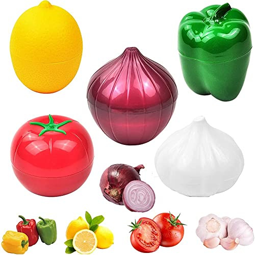 OUKEYI Grönpeppar, lök, tomat, citron och vitlök 5 delar transparent frukt- och grönsaksförvaring, återanvändbar silikonKylskåpslåda förvaringsskålar sparhållare, förvaringshållare för kylskåp