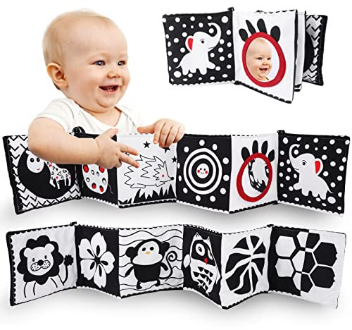 Weysoo Kontrastbuch Baby, Schwarz Weiß Doppelseitig Buch enthält Spiegel, Soft Kontrastkarten ab 0 3 6 Monate, Klingendes Wahrnehmungs-Lernspielzeug Newborn Baby Essentials für Tummy Time