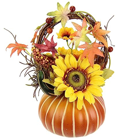 Flair Flower Arrangement mit künstlichen Blumen Sonnenblume Beeren Herbstlaub im Kürbis Kunstblumen Dekoblumen Herbstdeko Herbstblumen Seidenblumen Gesteck Tischdeko, 15 cm