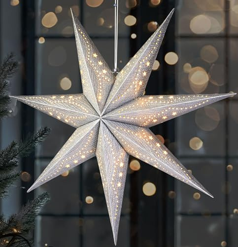 BRUBAKER Étoile de Noël 3D à suspendre - Étoile en papier LED avec minuterie - 60 cm - Étoile de l'Avent avec motif moderne - Fonctionne avec piles et éclairage - Étoile lumineuse de Noël pour fenêtre