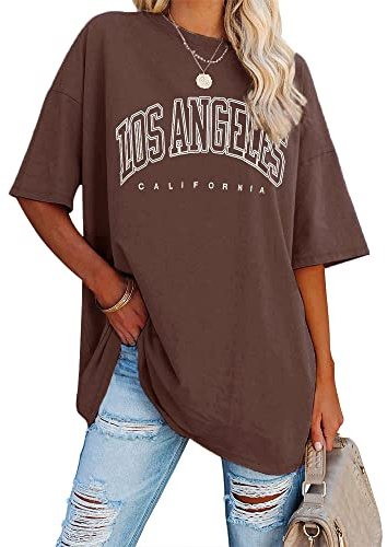 Ebifin Oversize t-shirt damer vintage kortärmad rund hals Los Angeles toppar toppar casual lös basic sommar t-shirts skjortor blus.