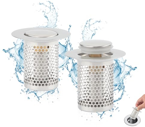 TEKONDA 2 Stück Herausnehmbarer Abfluss Abflusssieb mit Presspassung und Elastischem Messingkern Edelstahl Abflusssieb Ausche für Spülbecken Küche Kanalisation Bad