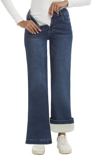 LOOKUB Womens Fleece Lined Jeans High Rise Stretchy Winter Warm Thermal Pants Thick Bell Bottom Wide Leg Jeans Woman,Dark Blue,US12