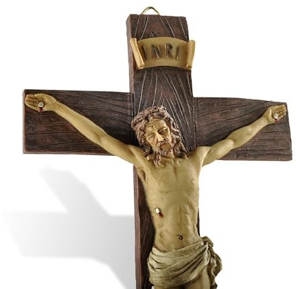 PlentifulHome Jesus Crucifix Wall Cross Catholic – Hand Painted Big Wood Textured Resin Vintage Christ Nailed on The Cross Modern Door Hanging Decor Religious Gift – 24.5 cm Tall