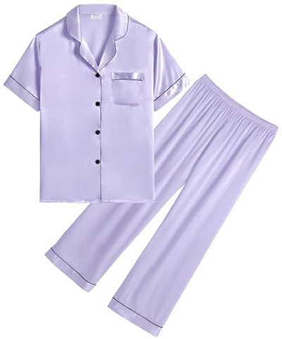 SWOMOG Girls Boys Silk Satin Pyjamas Set Button-Down PJs Two-Piece Lounge Sets Short Sleeve Sleepwear with Long Pants