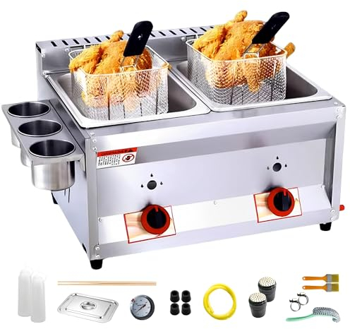 Commercial Countertop LPG Gas Deep Fat Fryer Dual Tanks with 10Lx2/3 Basket and Lid Stainless Steel Large Capacity Propane LPG with Metal Tube for French Fries Home Kitchen Restaurant (2 Baskets)