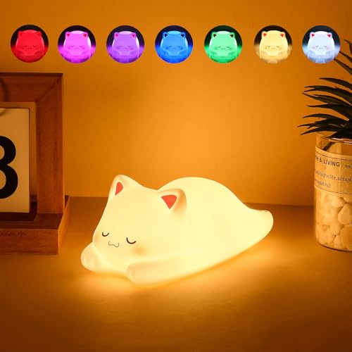 Tremdwoto Veilleuse Enfant,7 couleurs Veilleuse Chat,Veilleuse Bébé Lampe de Chevet Minuterie1/3 Heure&Gradation de luminosité,Kawaii Veilleuse Déco Chambre，Cadeaux et surprises pour garçons et filles