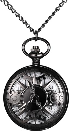 JewelryWe Växel fickur män med kedja: Vintage ihåligt kugghjul analog kvarts kedjeklocka svart steampunk klocka hänge halsband gåva för män kvinnor, A51139-svart
