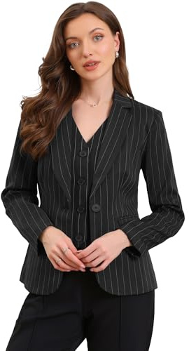 Allegra K - Giacca a righe da donna, con risvolto dentellato, chiusura a un bottone, maniche lunghe, per ufficio e lavoro, Nero , L