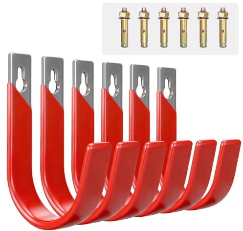 Pruite 6 Pack Metal Garage Hooks, Heavy Duty Hose Hanger Wall Mounted Utility Storage Hooks for Outside Yard, Sturdy Hose Reel for Water Hose, Brooms, Ladders, Garage Storage