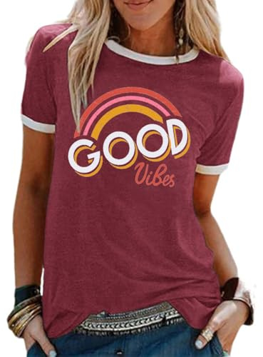 heekpek Maglietta Manica Corta Donna Arcobaleno T-Shirt,Cotone Maglietta Elegante Donna,Casual T-Shirt Estiva con Girocollo Modello Vintage Stretch Camicia per Viaggi e Spiaggia, V Viola, L
