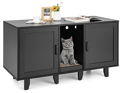 COSTWAY Cajas de Arena para Gatos, Casa de Baño Oculto para Mascota con 2 Puertas, Arenero Cubierto con Entrada Sinuosa y Tablero Rascador, Mesa Auxiliar para Gatos 120 x 52 x 65 cm (Negro)