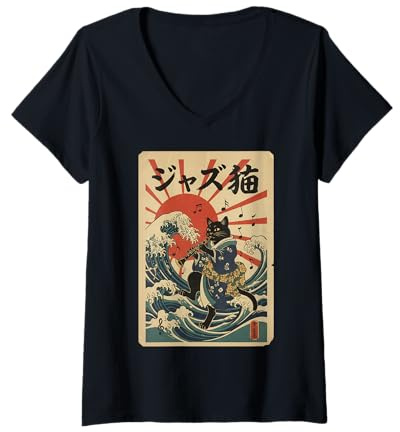 Femme Chat Amusant Jouant de la Clarinette pour Musicien de Jazz clarinettiste T-Shirt avec Col en V
