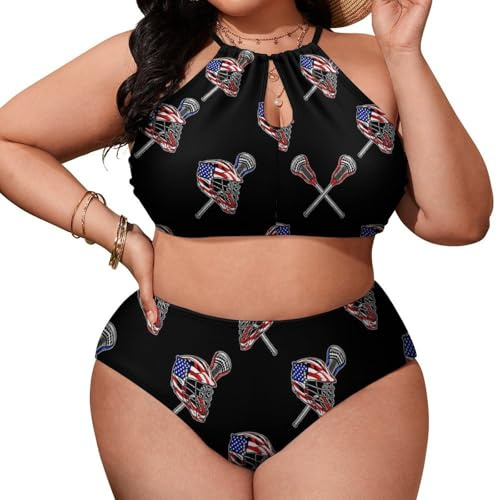 Womens Funny Lacrosse Helmet Crossed Sticks High Waisted Bikini Sets Plus Size Swimsuits Bathing Suit