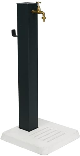 Fontana da Giardino Antracite con Base in Cemento, Fontana da Esterno in Acciaio Verniciato, Rubinetto in Ottone con Tubo Flessibile e Raccordo e portatubo, Fontanella per Esterni Made in Italy