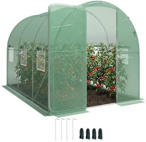 Outsunny Gewächshaus 3 x 2 x 2 m Foliengewächshaus mit Abschließbar Anschlag-Tür 6 Rollbar Netzfenster Stützstangen Verlängerte Kanten, UV-beständig Folientunnel, Winterfest Tomatenhaus, Grün
