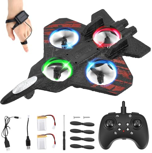 Jradse Avión Teledirigido, Avión RC 2,4 GHz, Control Remoto y Control de Muñeca, Avión Acrobático RC 360° Giros, 3 Velocidades, con Luz LED y Hélice de Repuesto, para Niños Principiantes, Rojo