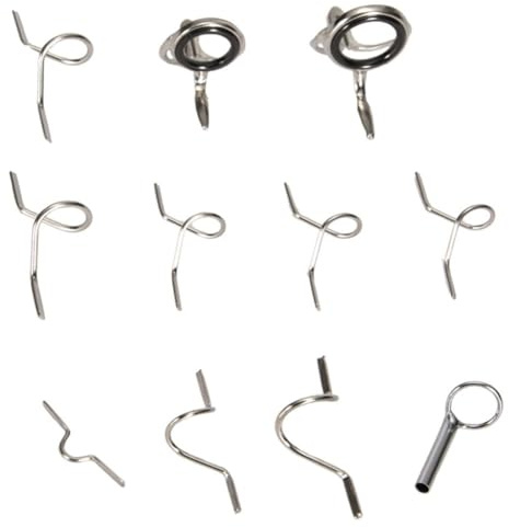 Juego de guías de caña de pescar con mosca, kit de reparación de gancho de punta superior de acero inoxidable para construcción de caña con 11 guías de pelacables de serpiente, color plateado