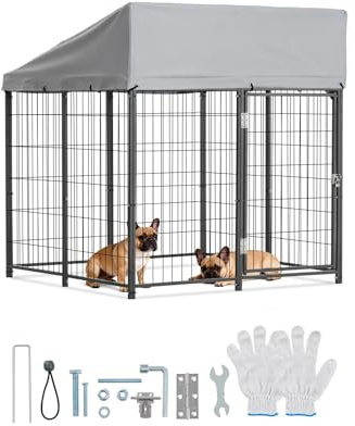 VEVOR Perrera de Exterior, 1,12 x 1,15 x 1,25 m, Parque para Perros con Cerradura y Toldo, Anti-UV Impermeable, Marco Metálico, Caseta de Malla para Perros Medianos en Patio Jardín Terraza, Negro