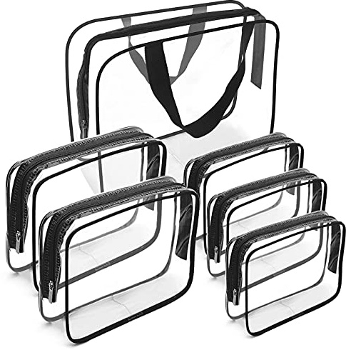 APREUTY Clear Makeup Bags, TSA Approved 6 Pcs Cosmetic Makeup Bags Set Clear PVC with Zipper Handle Portable Travel Luggage Pouch Airport Airline Vacation Organization (Black)
