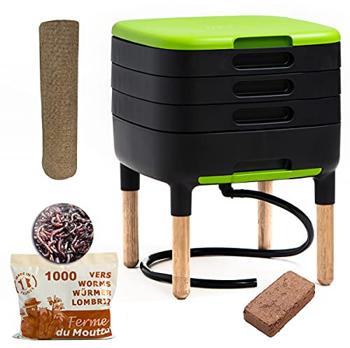 WormBox Moutta | TinyWorm Design & Compact I Lombricomposteur 3 Plateaux I 500gr de vers de Compost I Kit Complet I Tiroir Coulissant I Pieds Bois Massif
