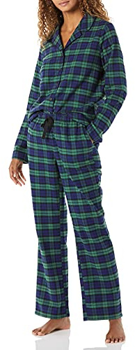 Amazon Essentials Ensemble pyjama en flanelle à manches longues et pantalon boutonné sur le devant pour femme, motif écossais Blackwatch bleu cobalt, vert et bleu, taille L