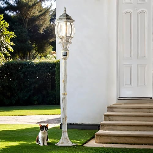 Lámpara de camino con sensor de movimiento Aluminio Vidrio Blanco-dorado IP44 Jardín 123,5 cm de altura E27 Farol Lámpara de pie rústica para exteriores BREST