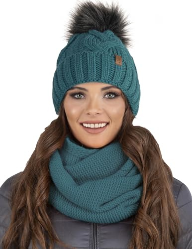 Vivisence Set Invernale da Donna con Cappello E Scaldacollo in Pile Morbido Elasticizzato E Caldo con Pompon E Design Elegante per Giornate Fredde, Turchese Scuro,Taglia Unica