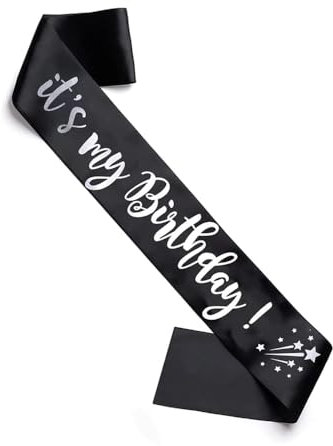 Happium Écharpe en Satin It's My Birthday pour décoration de fête d'anniversaire, Argent satiné sur Noir, pour fêtes d'anniversaire, séances Photo à thème, Cadeaux pour Les célébrants