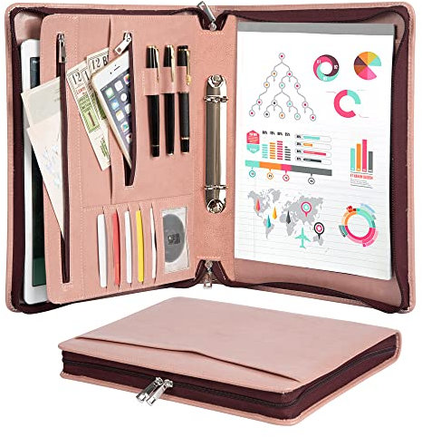 FREI NAME GRAVUR, Ledermappe mit Gravur, Ringbuchmappe A4 Veganes Leder, 2 Ringbuch Binder Konferenzmappe Aktenmappe mit A4 Klemmbrett, Geschenke für Damen, Rosa, Customized