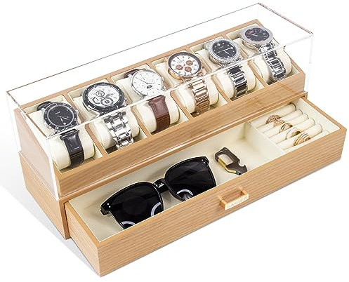 KAMIER Uhrenbox Herren mit 6 Fächern, Echtholz Uhrenkoffer 2 Ebenen, Uhrenkasten mit herausnehmbaren Uhrenkissen und Schublade, Geschenke für Vater und Freund, Oak
